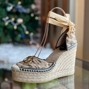 GUCCI Pilar GG Ankle Tie Espadrille Platform Wedges SZ40(10US)
